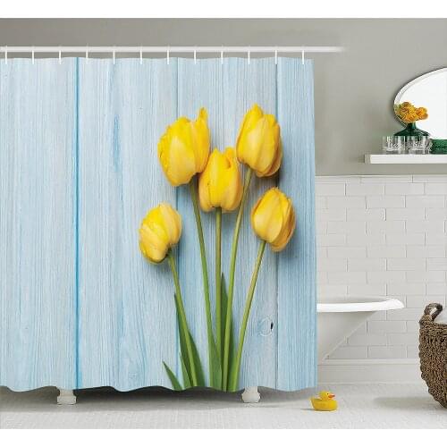 Tulip Shower Curtain Yellow Flowers on Old Wooden Rustic Background Valentines Romantic Theme Home Decoration Bathroom Curtains