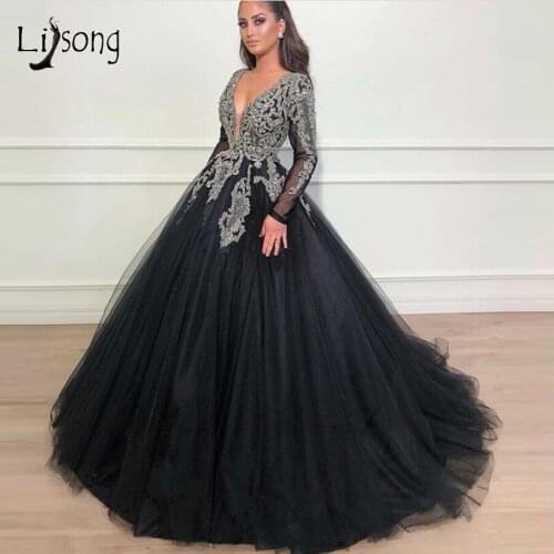 Vintage Black Crystal Evening Dresses Full Sleeves Sparkle Beaded Tutu Ball Gowns V-neck Long Evening Gowns Abendkleider