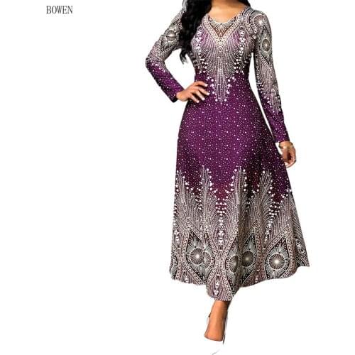 Vintage V-neck Print Ball Gown Maxi Dressss Women 2020 Spring Summer Casual Plus Size Long Sleeve Elegant Slim Long Party Dress