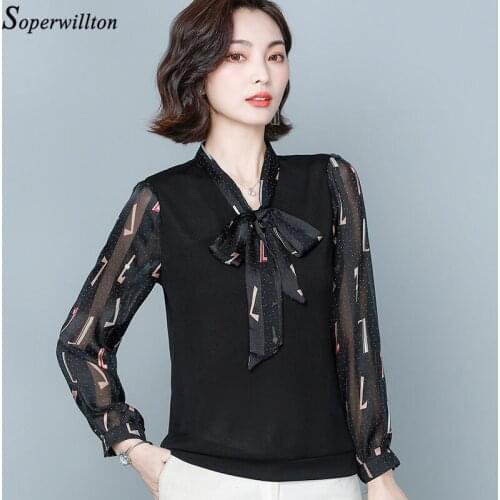 Women Blouse Chiffon Ladies Shirt Female Bow Tie Tops 2021 Long Sleeve V neck Patchwork Mesh Print Blusas Mujer Spring Autumn
