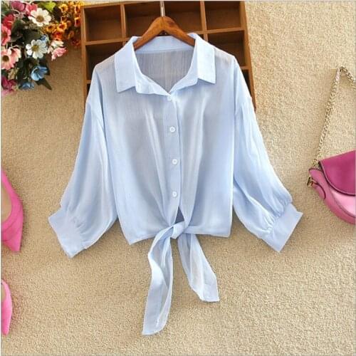New 2021 Summer Half Sleeve Buttoned Up Shirt Loose Casual Blouse Chiffon Shirts Women Tied Waist Elegant Blouses for Women