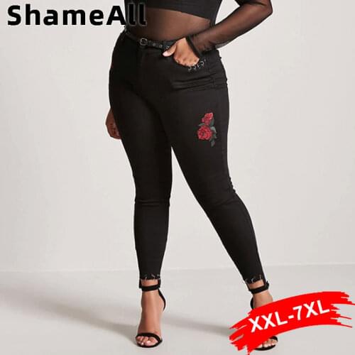 Plus Size Floral Embroidery Punk Ring Patchwork Stretchy Jeans 6XL Melody Pencil Pants Rose Black Denim Trousers Pantalon Femme