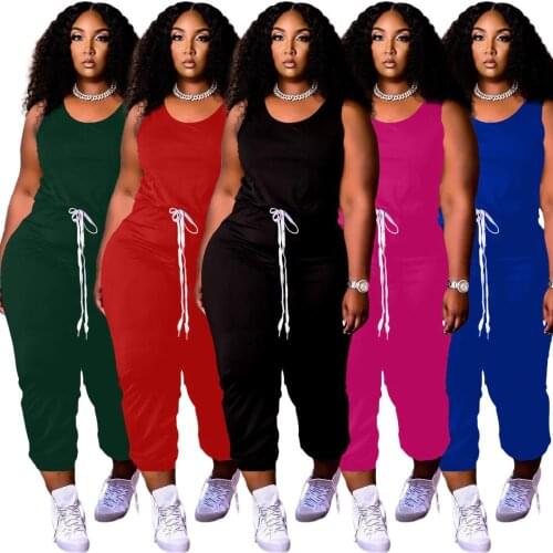 Womens Summer Casual Sleeveless Tank Jumpsuits Drawstring Waist Romper with Pockets Loose Long Pants Solid One Piece Overalls