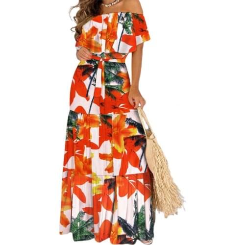 Bohemian Women Dress Summer Casual Printing High Waist Off Shoulder A-Line Ruffle Stitching Dresses Beach Party