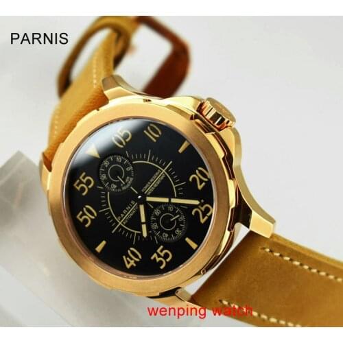 44mm Parnis Gold steel case Sapphire Asia green Luminous Automatic Power Reserve Mens Watch E2432