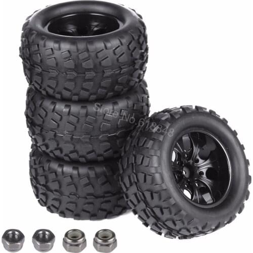 4x RC Tires & Nylon Wheel Rims Foam Inserts 12mm Hex for HSP 1/10 Monster Truck Redcat Volcano EPX Pro S30 Blackout XTE Car