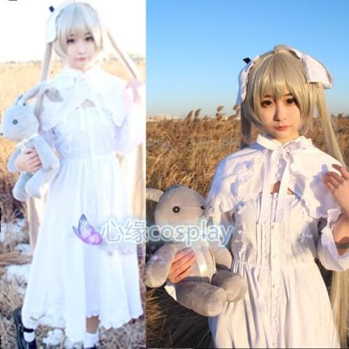 Anime In solitude Yosuga no Sora Kasugano Sora Lolita White Cosplay Dress Lady Halloween Costume Cotton Sweet Party Dress Wig