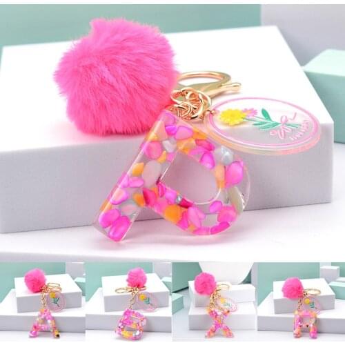 Women Letter Keychains Pink Pompom A-Z English Alphabet Keyring Handbag Charms Pendant Ornament Key Ring Holder Jewelry Gifts