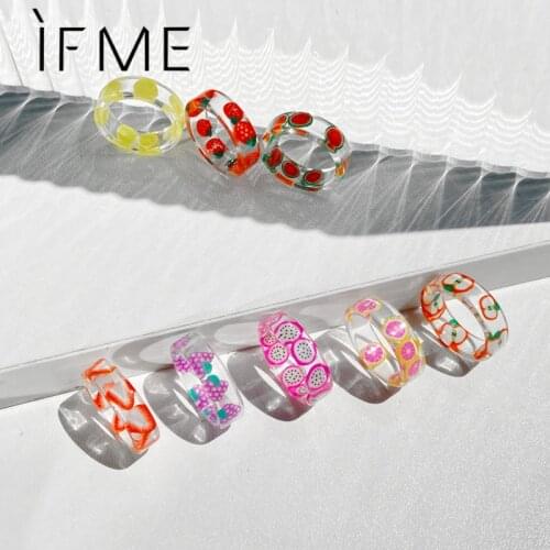 IF ME Korean Girls DIY Handmade Transparent Resin Rings for Women Geometric Round Lemon Strawberry Ring Jewelry Party Gifts New