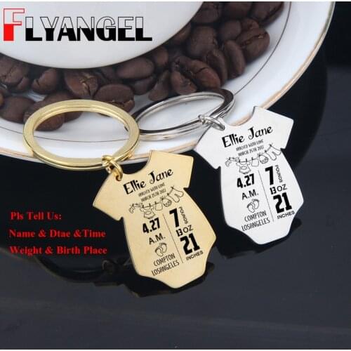 FLYANGEL New Baby Jewelry Keychain Custom Engraved Baby Stats Baby Clothes Key Tag Arrive With Love For New Baby Birth Keepsake