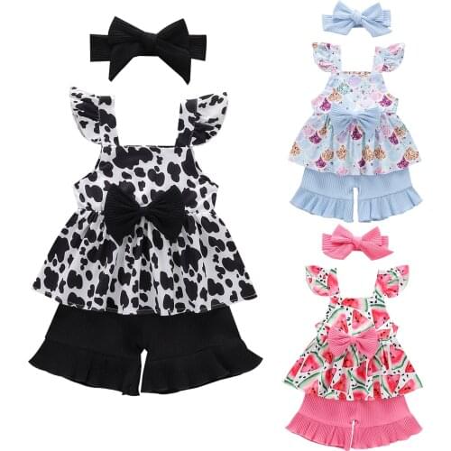 FOCUSNORM 1-5Y Summer Lovely Girls Clothes Sets 3pcs Leopard/Floral/Watermelon Print Ruffles Dress Tops Shorts Headband