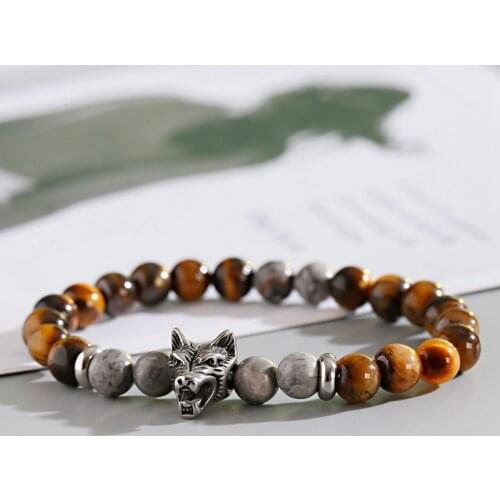 Crown Leopard Shape Bracelets For Men Vintage Charm Tiger Eye Beads Ethnic Tribal Wristbands Bangles