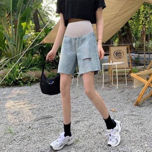 Maternity Hole Short Pants Pregnancy White Blue Shorts Pregnant Jeans Shorts High -waisted Spring Summer Thin Denim Loose Pants
