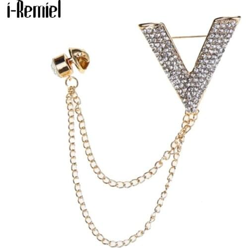 Fashion V Letter Brooch Jewelry Luxury Crystal Rhinestone Tassel Chain Suit Collar Pin for Women Men Simple Garment Accessories