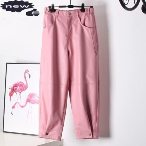 Fashion Women Pink Loose Fit Sheepskin Genuine Leather Harem Ankle Length High Streetwear Trousers Female Jogger Pants