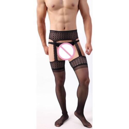 Men Sexy Lace Sheer Tight Slim Nylon Pantyhose Transparent Stitching Garter Stockings New Arrival Male Underwear