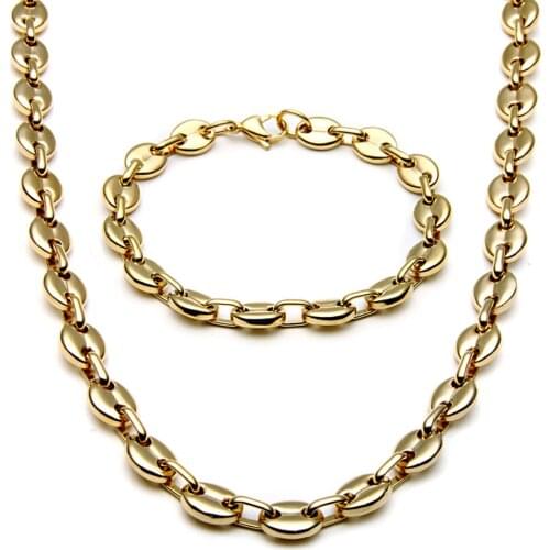 Stainless Steel Necklace Bracelet Set Coffee Bean Link Chain Jewelry Sets for Men collier homme Gold Black Color Chains MS101
