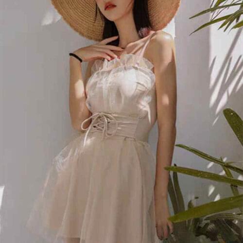 2021 New Hot Sling With Chest Pad Folds Lace See-Through Veil Waist Elastic Cross-Tie Halter Buttocks Small Fresh Swimming Skirt