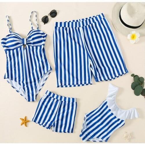 New European and American Size Striped Sling Ruffle One Piece Beach Pants Parent Child Swimsuit mother and daughter clothes
