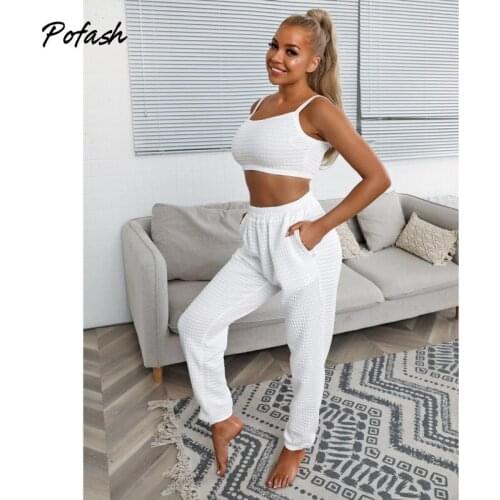 Pofash White Casual Two Pieces Outfits For Women Pockets Tank Tops And Long Pencil Pants Slim Summer Female 2 Pieces Set 2021