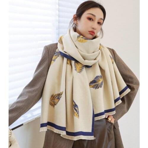 Luxury Brand Feather Print Winter Scarf Women Cashmere Warm Pashmina Foulard Female Scarves Long Blanket Thick Soft Shawls Wraps