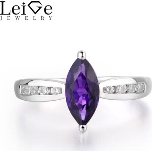 Leige Jewelry Purple Amethyst Rings For Women Marquise Cut Solitaire Ring Wedding Engagement 925 Sterling Silver Prong Setting