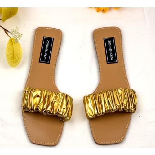 Womens Slippers Fashion Square Toe Flat with Six Colors Woman Shoes Outdoor Casual Pleated Plus Size Beach Ladies Slides