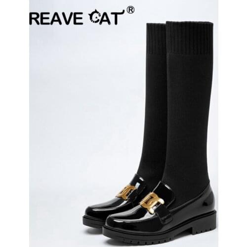 REAVE CAT Winter Autumn 2021 Square Toe Knee Boots PU Leather Metal Chain Knitting Woolen Tube Sock Boot Women Fashion Stretchy