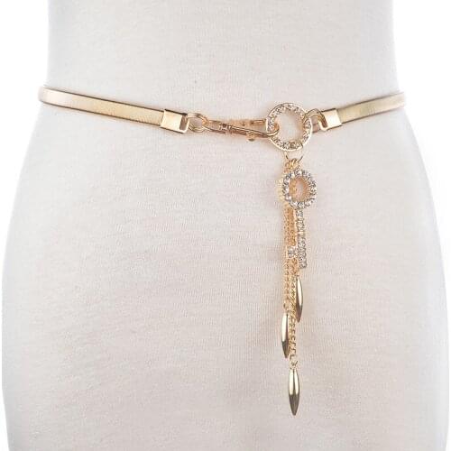 Women Elastic Metal Chain Belt Buckle 2021 Elastic Waist Golden dress belt Waist Belt Gold with key flora pendant tassel BL260