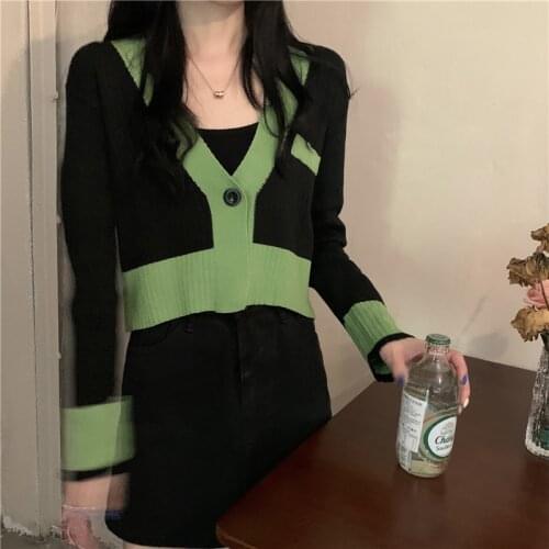 Harteen Spring Autumn Female Vintage Patchwork Korean Fashion Knitted Cardigan Sweater Womens Clothing Long Sleeve Femme Top