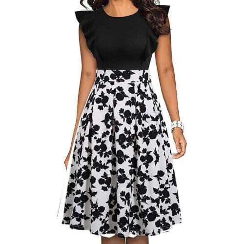 Floral Print Flowy Hem Tunic Dress Women Flared Sleeve O Neck A-Line Midi Dress Workwear summer womens dress 2021 vestidos