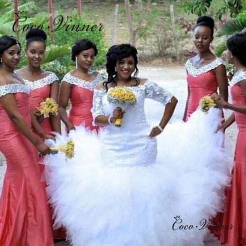 Half Sleeve off Shoulder Tassel Mermaid Wedding Dresses 2021 Lace Appliques Pure White Custom Made Bridal Gown Train W0833