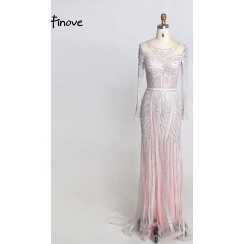 Finove Evening Dress 2020 New Shiny Crystals Mermaid Dress Long Sleeves O Neck Floor Length Women Dress Gown For Party Plus Size