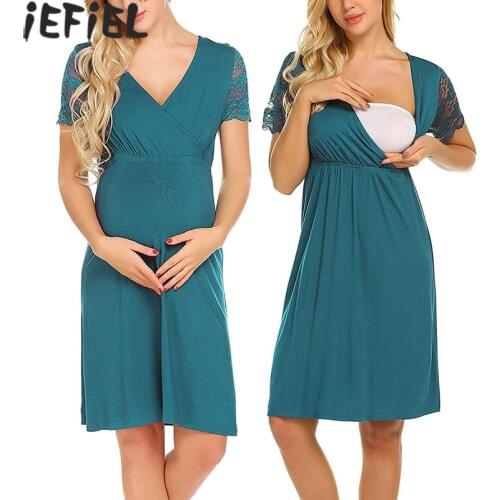 Maternity Pajamas Nightgown Lace V-Neck Breastfeeding Dress Childbirth Nightdress Nursing Sleepwear Pregnant Women Nightwear