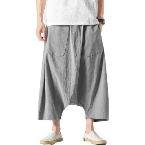Cotton Linen Men Wide Leg Pants 2019 Summer Men Casual Calf-Length Pants Male Track Pants Solid Big Pocket Baggy Pants Trousers