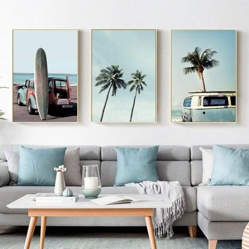 Surfboard Palm Tree Bus Landscape Poster Tropical Ocean Decoration Print Wall Art Canvas Painting Nordic Picture Home Decor