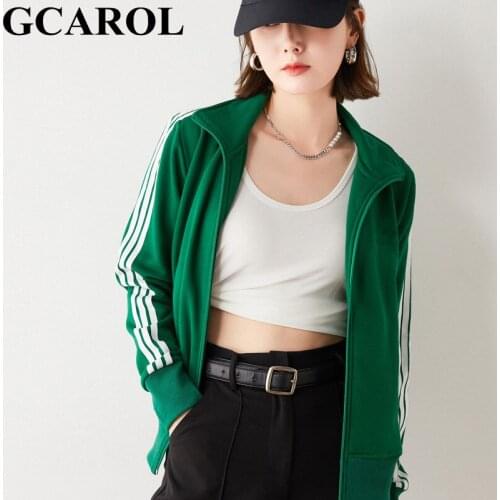 GCAROL Women Stand Collar Zip UP Sweatshirt Cotton Blends Striped Sleeves Sport Coats Casual Spring Autumn Winter Tracksuits