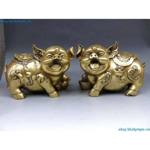 China Brass Copper Animal Feng shui Yuan Bao Wealth Money Pig A Pair Statue Garden Bronze copper Decoration real Brass