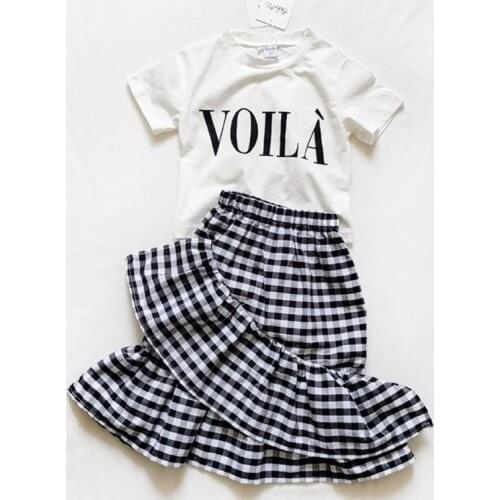 Kids Clothes Sets Summer Children Letter Short-sleeved T-shirt Tops New Baby Girls Plaid Big Ruffle Loose Casual Long Skirts