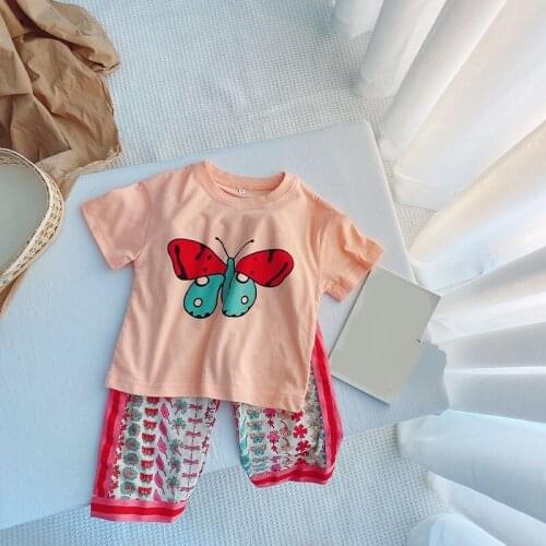 Summer Childrens Clothing Sets Girls Kids 2Pcs Suits Butterfly Short Sleeve T-Shirts Tops + Floral Print Loose Casual Pants