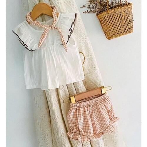 Summer Infant Baby Clothes Suit Flying Sleeve Tops+Plaid PP Shorts+Headband Toddler Baby Girl Clothing Sets