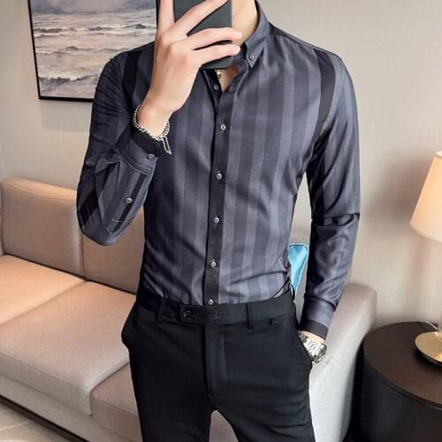 2021 Men Striped Shirt Autumn Long Sleeve Slim Business Casual Dress Shirts Social Office Male Clothing Streetwear Party Tuxedo