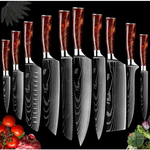 2/4/6/8/10 PCS Japanese Kitchen knives Set Professional Chef Knives Red Handle Laser Damascus Pattern Santoku Cleaver Slicing