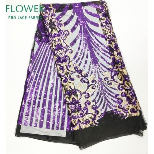 2019 New Purple And Gold Sequins Voile Mesh Lace Fabric African Nigerian Sequined Fabric Dazzling Design Wedding Dress Material