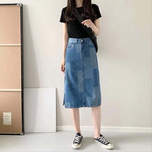 2021 New Summer Dress High-waisted Thin Jacquard Fabric Side-split Denim Skirt In The Long Skirt DLBSQ343