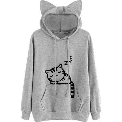 Newest Women Cat Printed Long Sleeve Hoodies Pullover Autumn Winter Sweatshirt Tops Warm