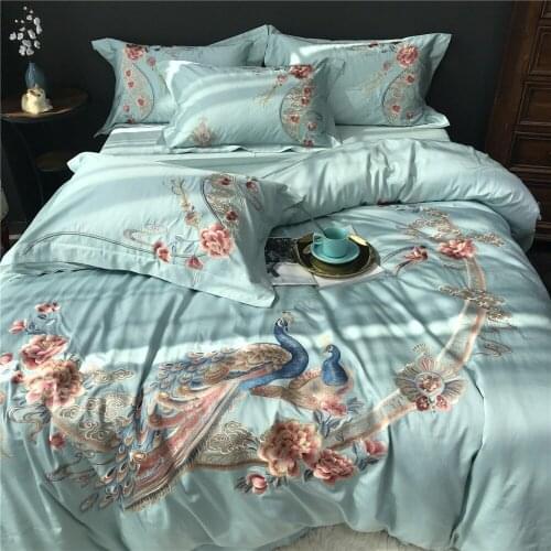 New luxury Embroidered 120S Egyeptian cotton China Peacock Bedding set Queen King Blue Duvet cover Bed sheet set Pillowcases 4pc