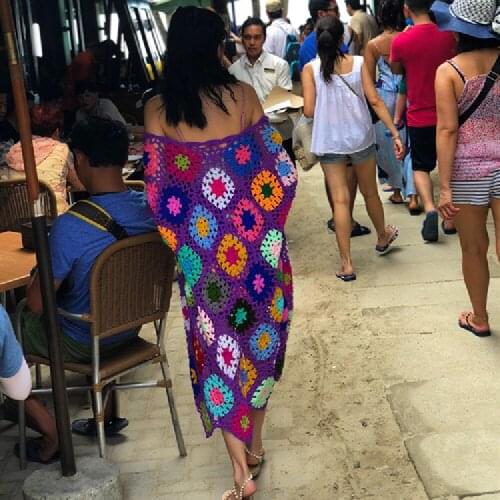 Handmade Crochet Beach Cover Up Sexy Hollow Out Mesh Knitted Tunic Swimsuit Coverup Womens Beach Sarong Robe De Plage A442