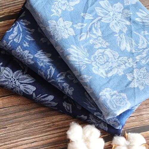 Rose Jacquard Jeans Fabric Indigo Blue Denim Fabrics After Washed For Sewing Blazer Dress Tops Pure Cotton Eco Friendly Tissus