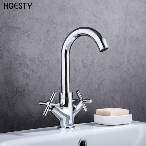 Kitchen Faucet Cross Double Handle Bathroom Sink Washbasin Water Mixer Tap Swivel Spout Single Hole Cold and Hot Water Faucet